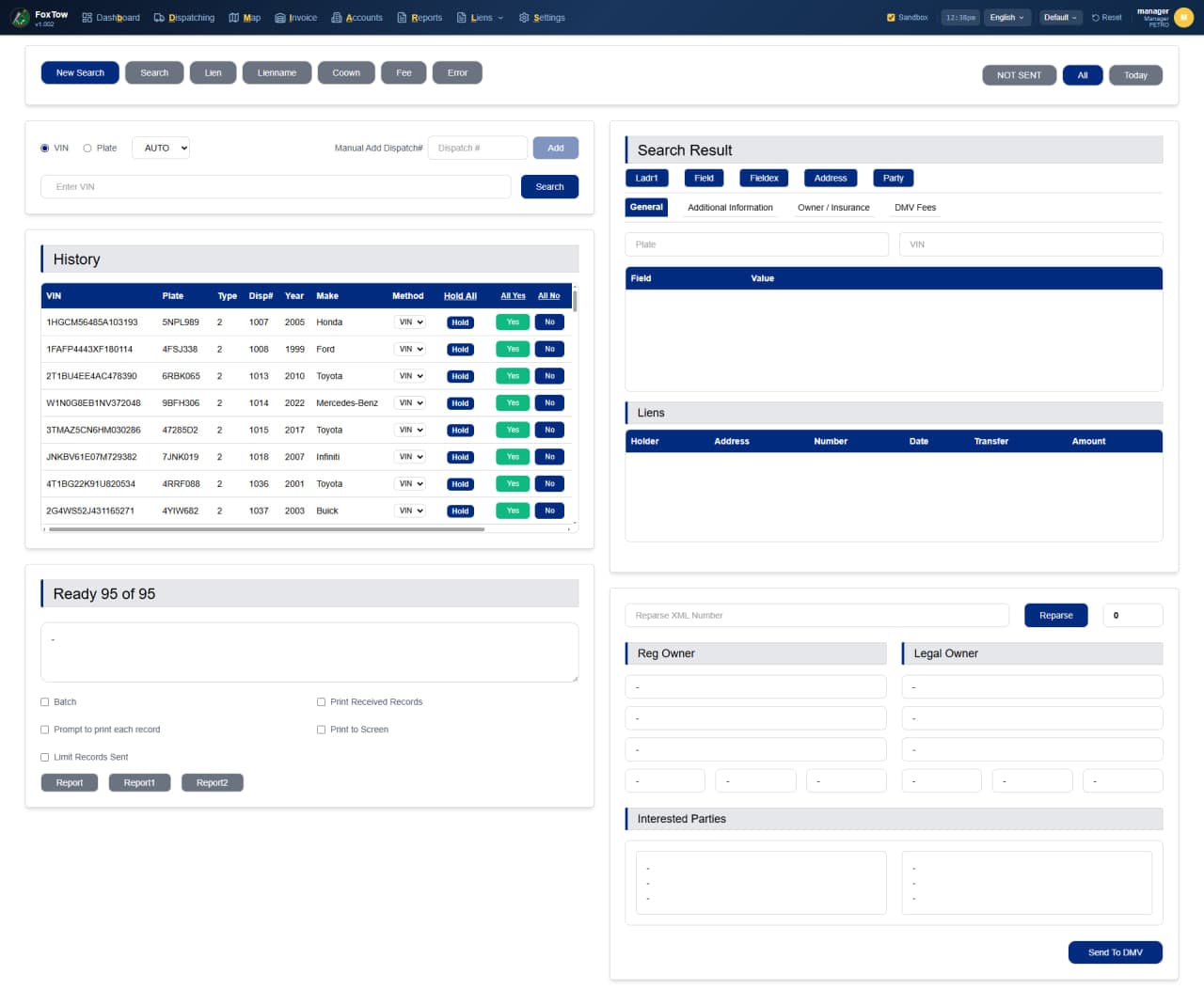 DMV Lookup screen showing VIN search, inquiry history, and parsed vehicle ownership results