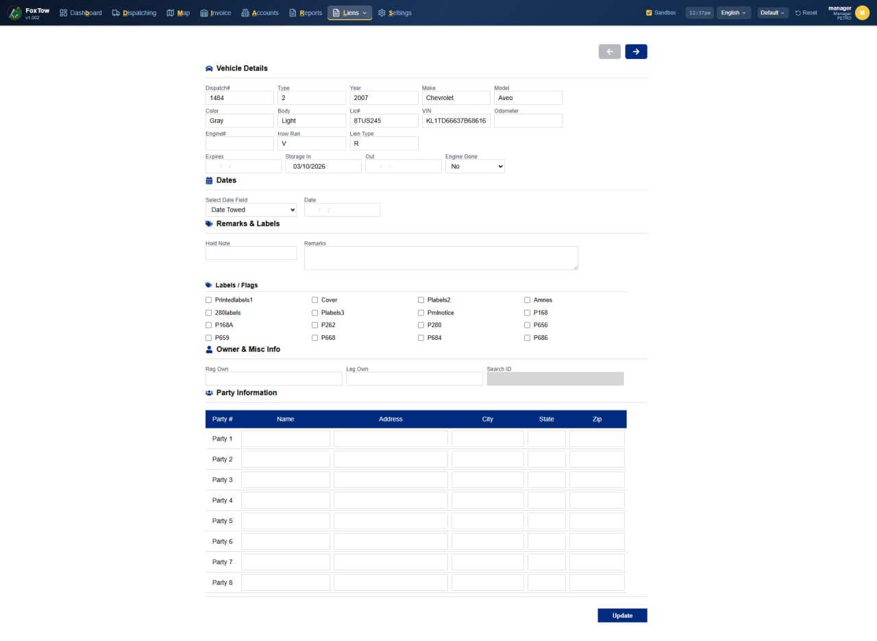 Add/Edit Lien screen showing vehicle details, owner information, lien tracking dates, and print checkboxes