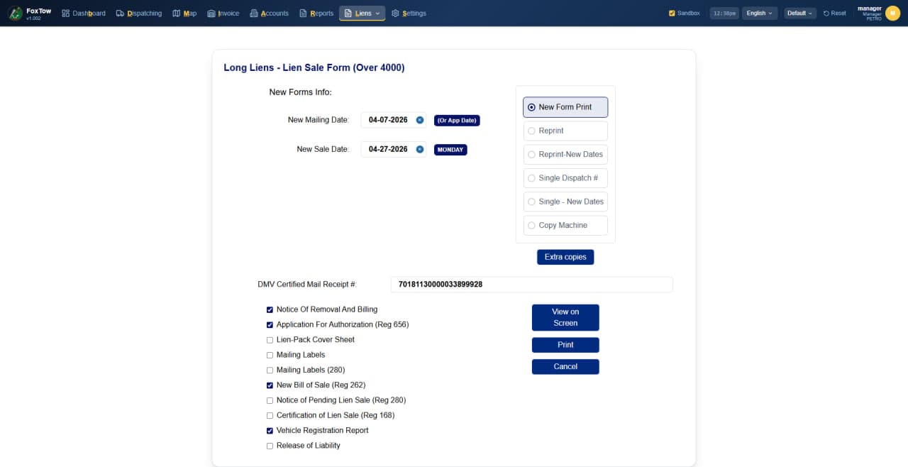 Long Lien Sale Form Over $4,000 showing document checklist including Reg 656, Reg 262, and Reg 280 forms