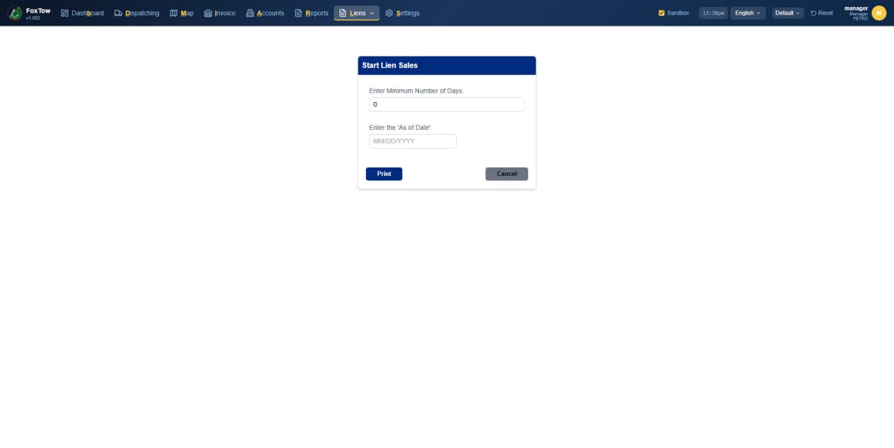 Start Lien Sales screen showing vehicle list with dispatch numbers, VINs, and lien initiation controls