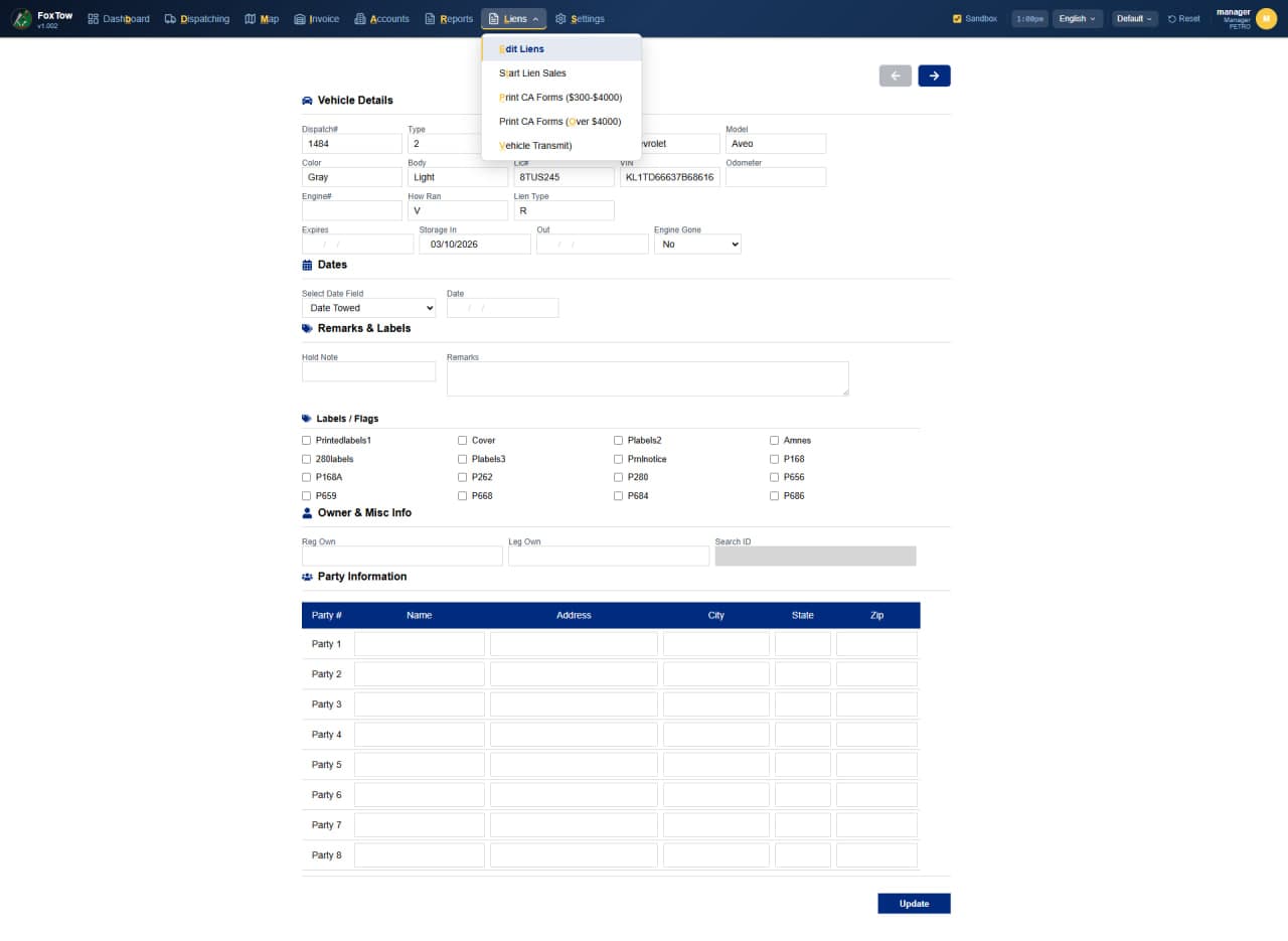 Lien management and vehicle storage workflow